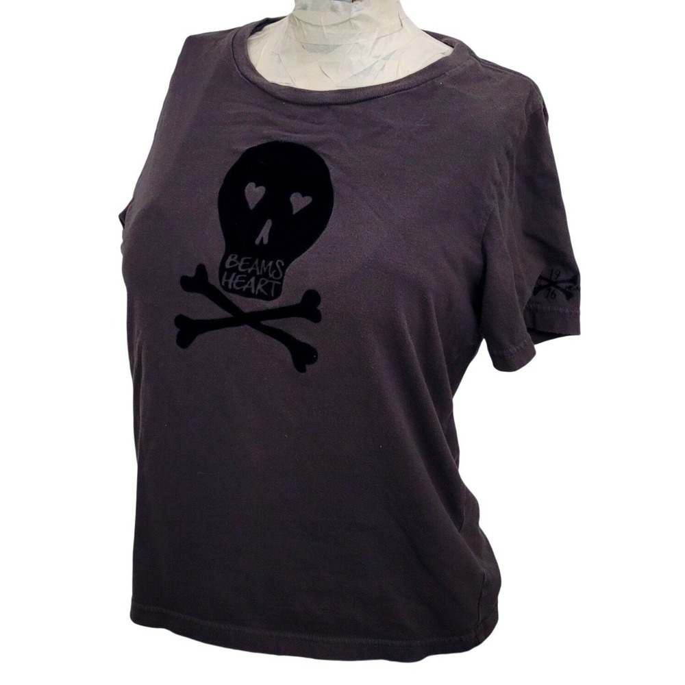 Beams Heart Japan T-Shirt Women's Skull Crossbones Flock Print Grunge Goth Tee S